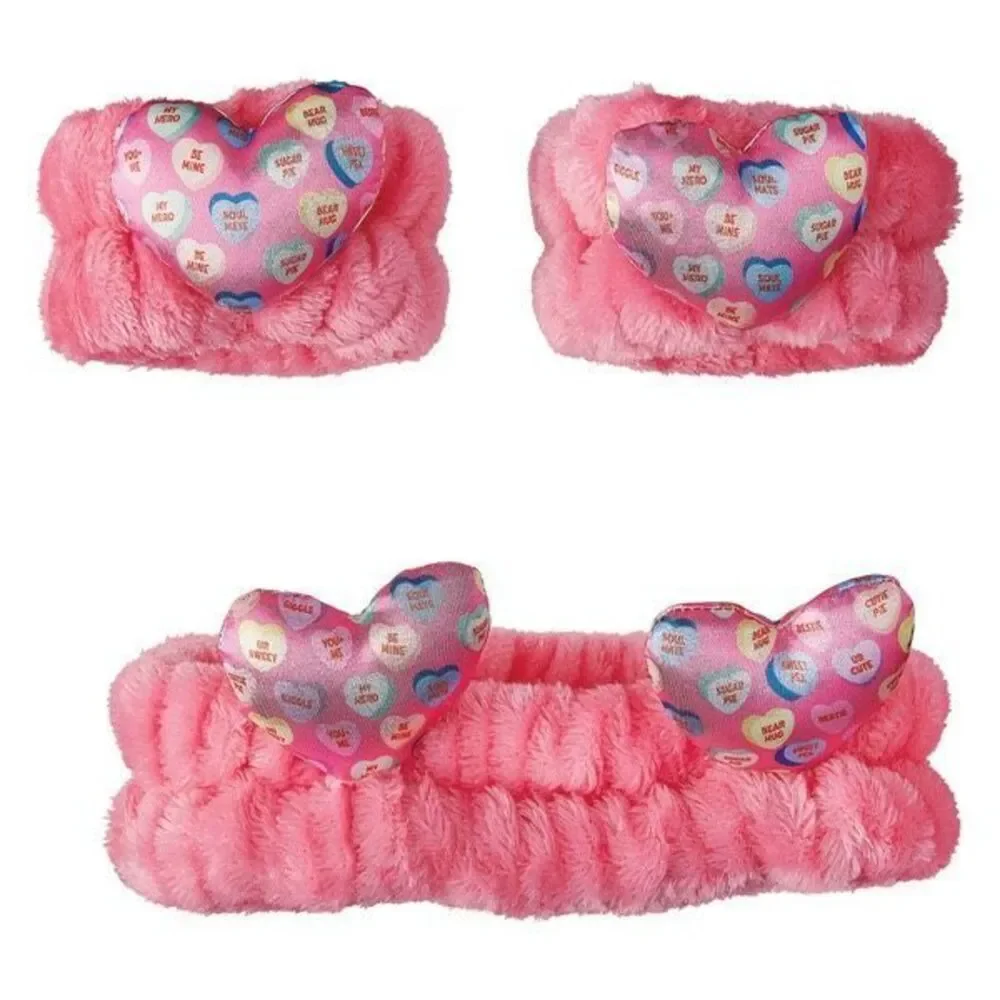 Pink Plush Conversation Heart Headband & Wristband Set Spa Skincare Accessories